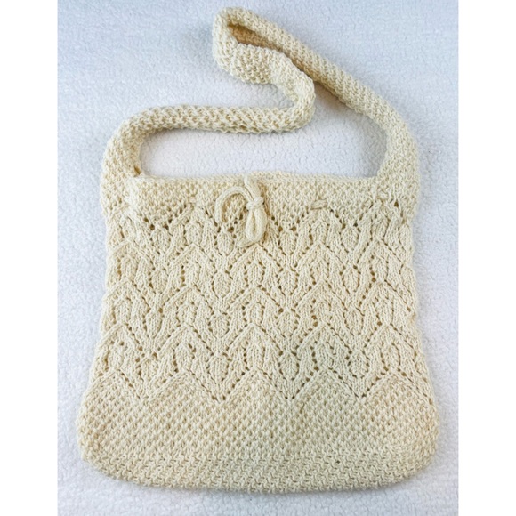 Handmade Cream Knitted Drawstring Crossbody Tote Bag - Picture 2 of 11